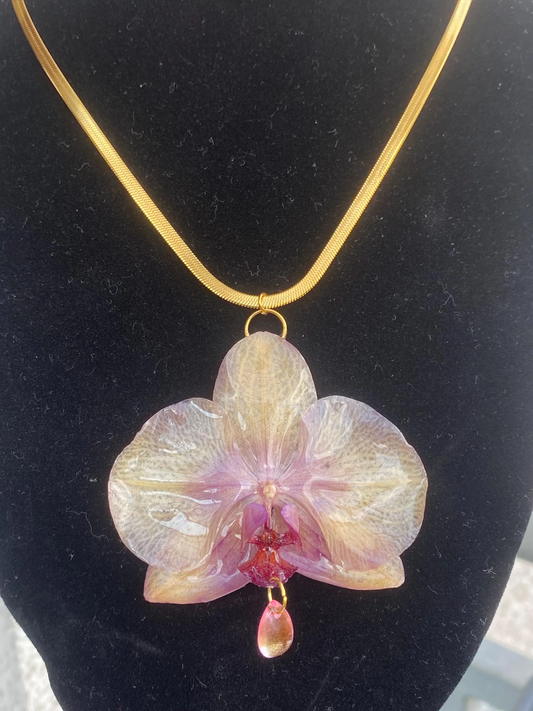 Purple Pink Yellow Orchid Necklace Stainless Steel