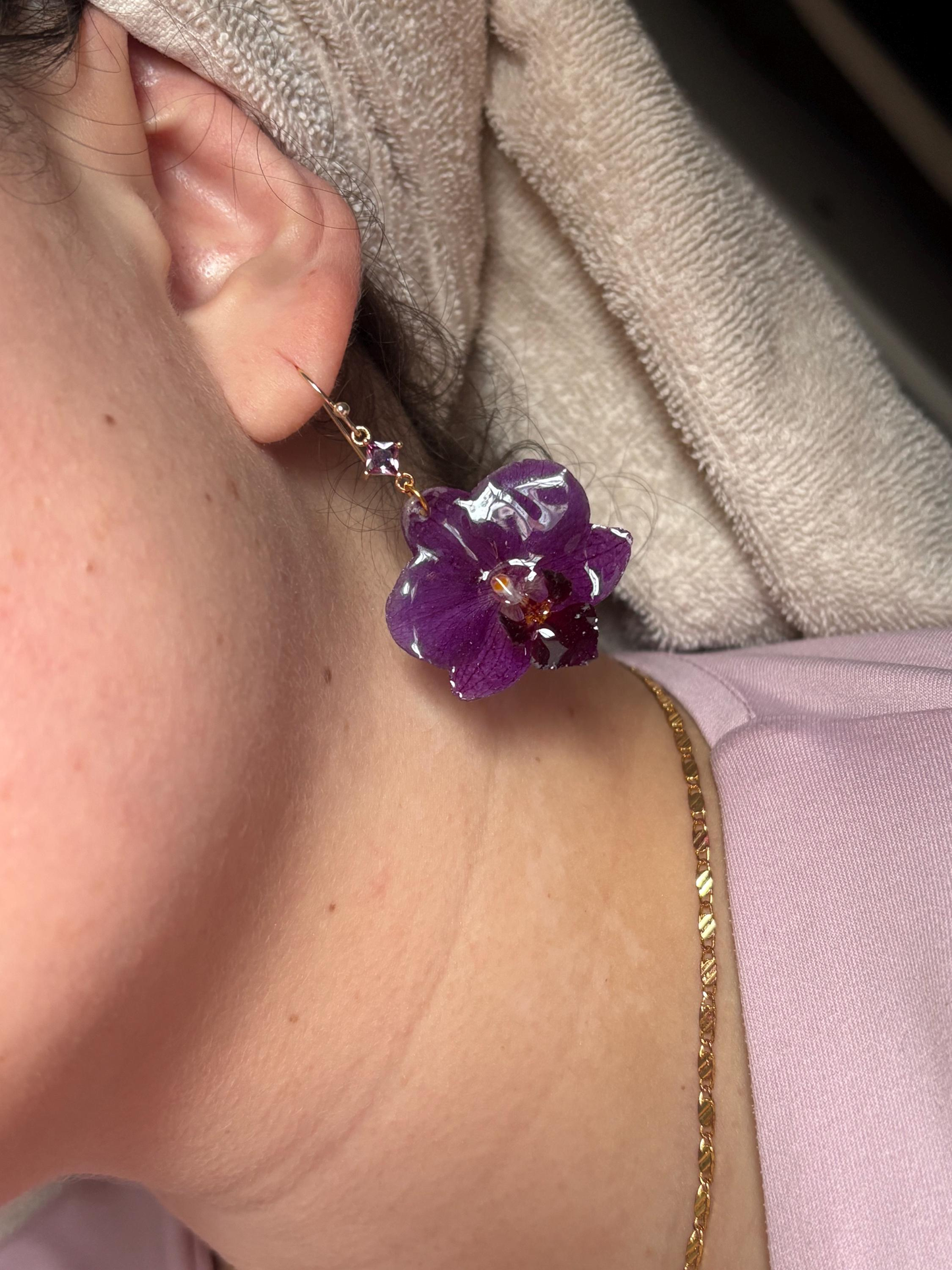 Mini Dark Purple Orchid Earrings Stainless Steel 14k Gold Filled