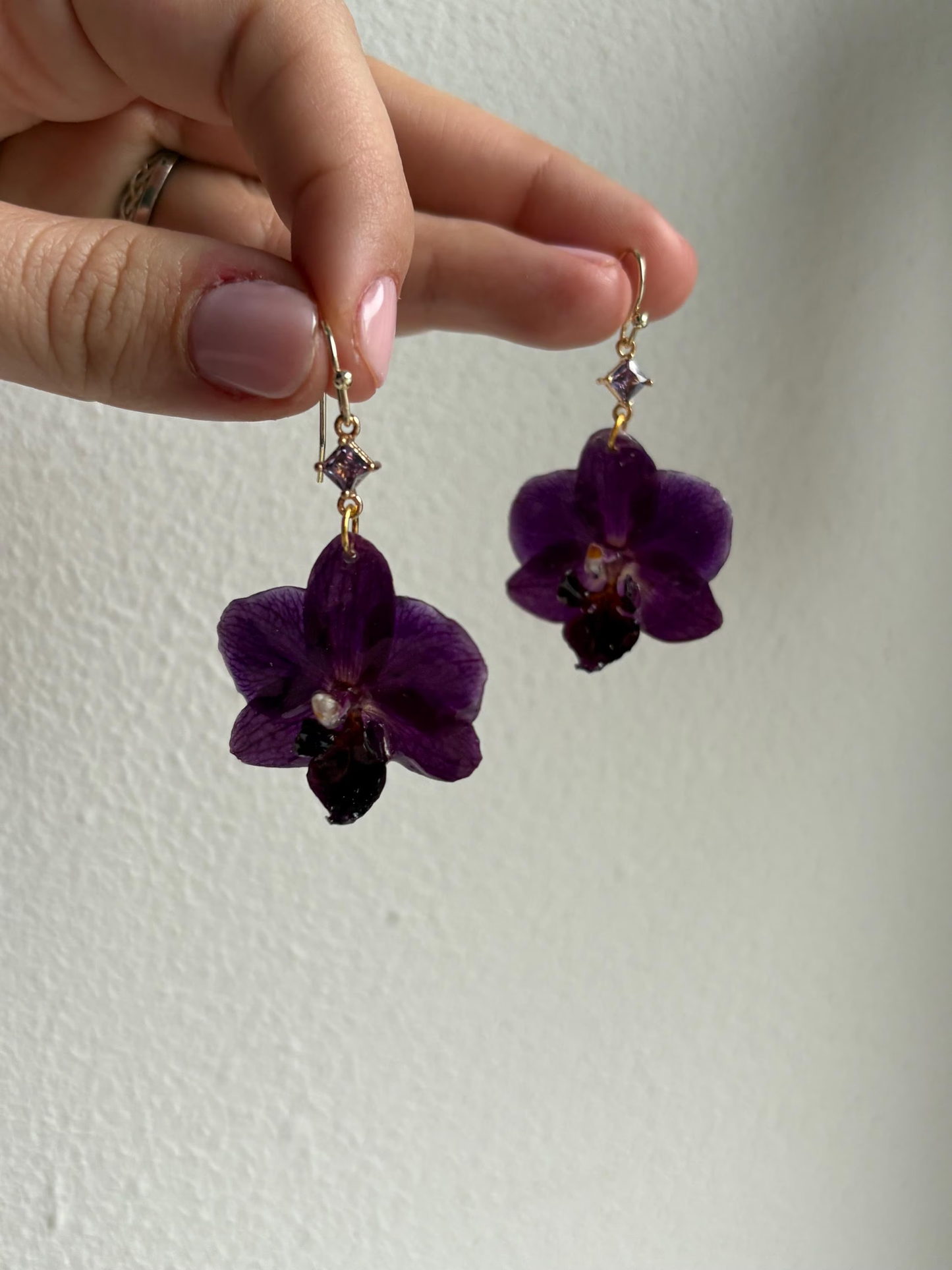 Mini Dark Purple Orchid Earrings Stainless Steel 14k Gold Filled