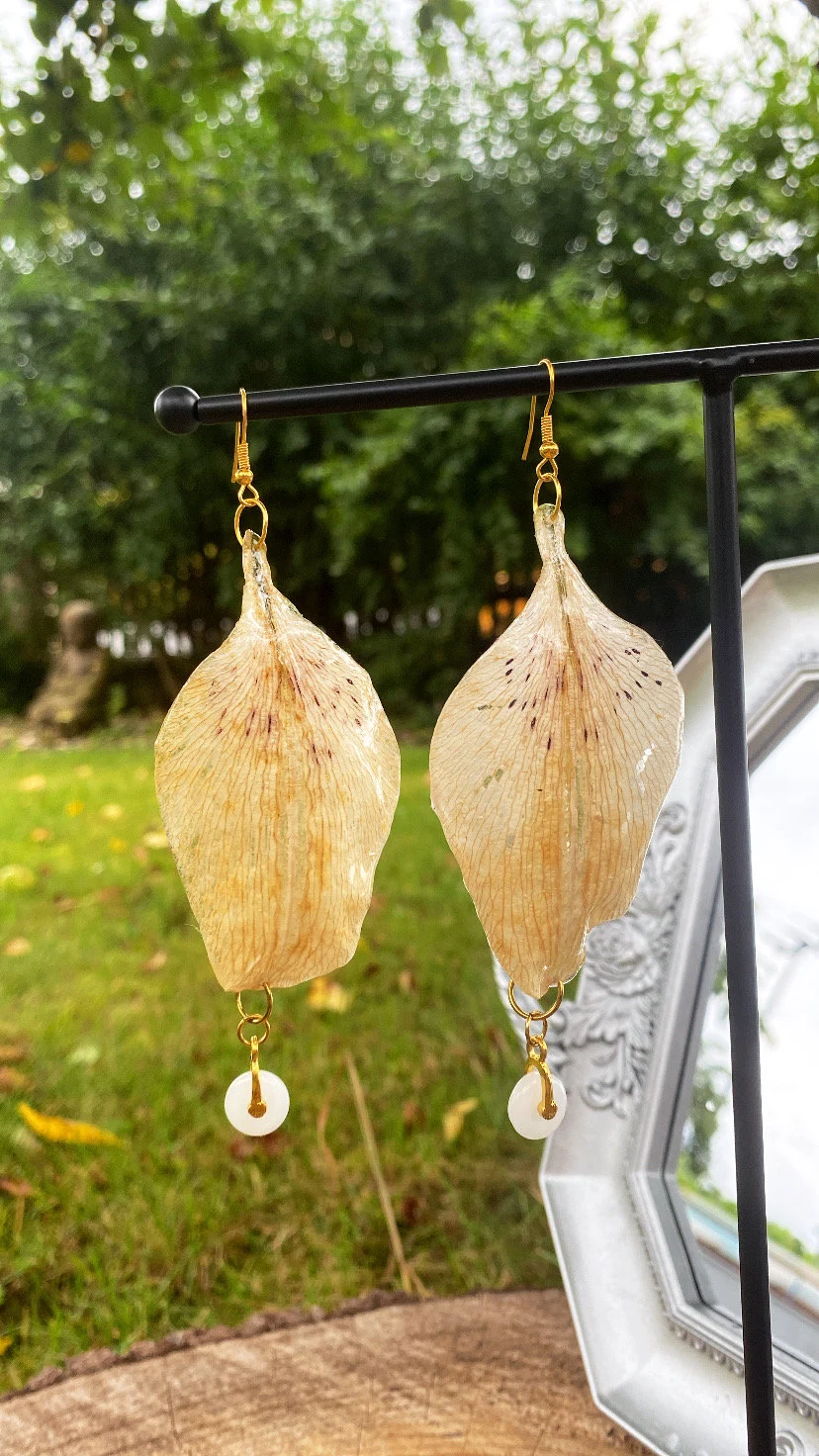 Yellow White Purple Lily Flower Earrings with Stainless Steel Elements Real Freshwater Pearls Glass Stones