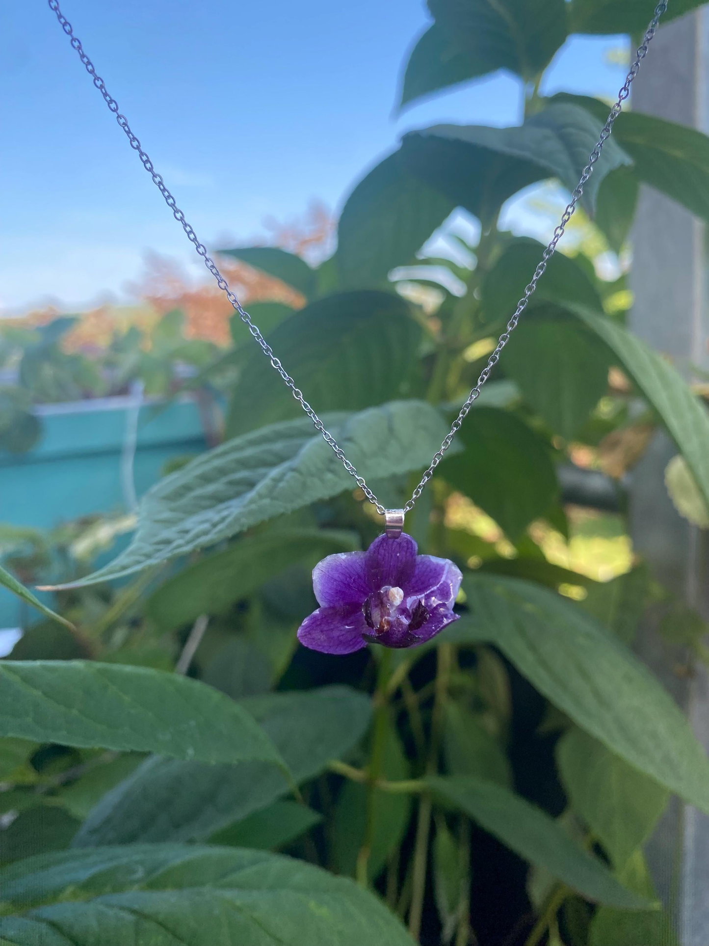 Mini Dark Purple Orchid Necklace Stainless Steel Chain