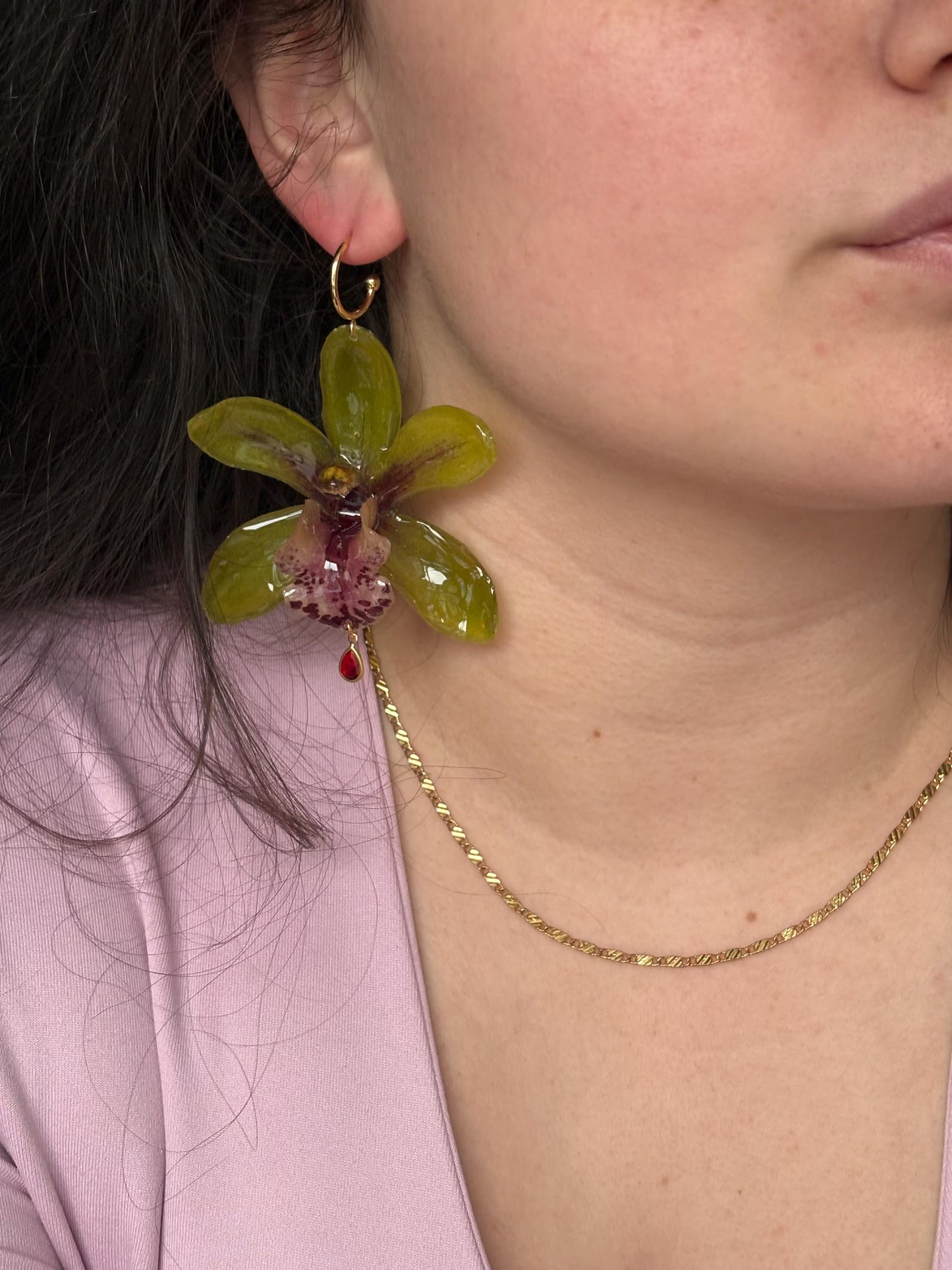 Light Green Cymbidium Orchid Earrings 18k Gold