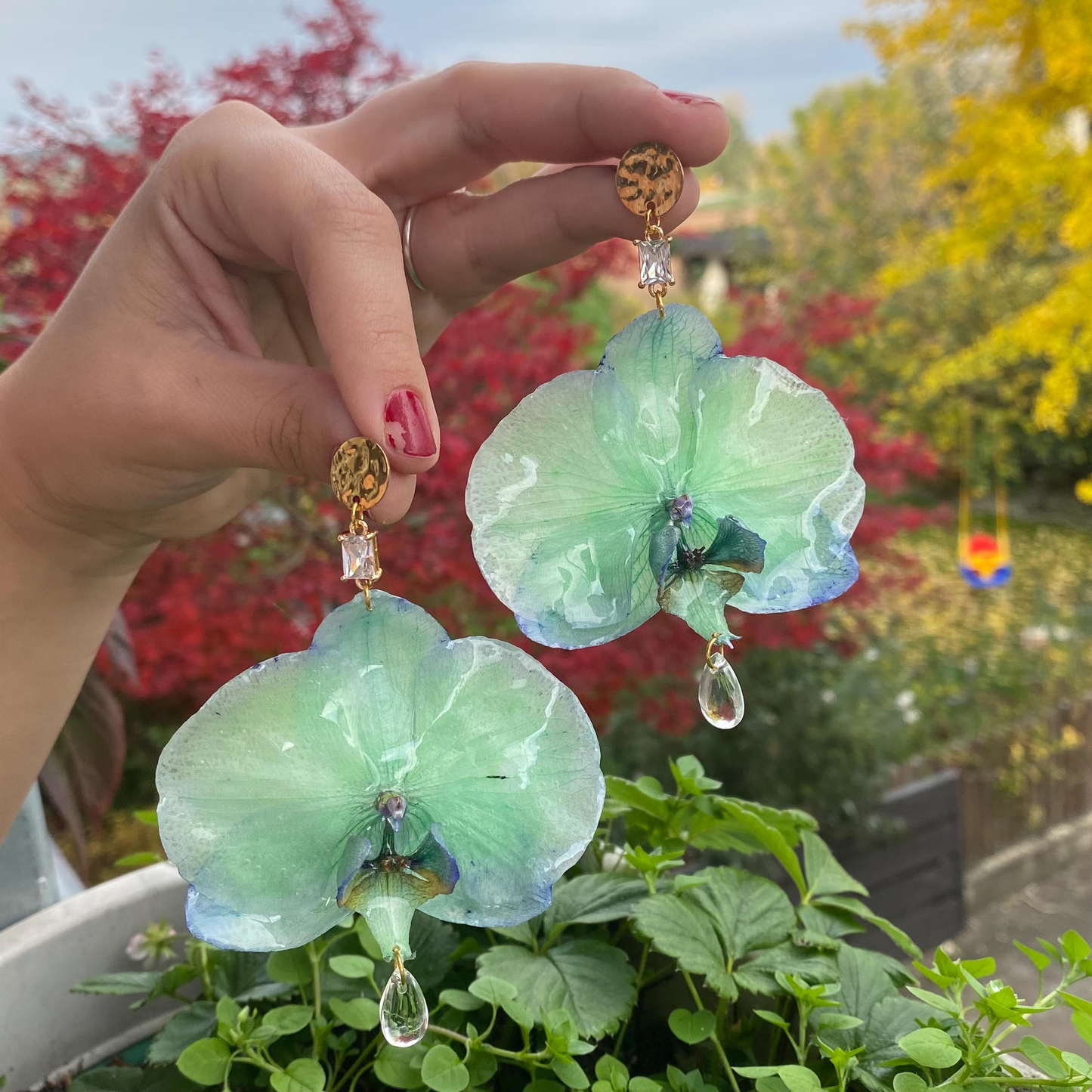 Green Blue Orchid Earrings Studs Stainless Steel