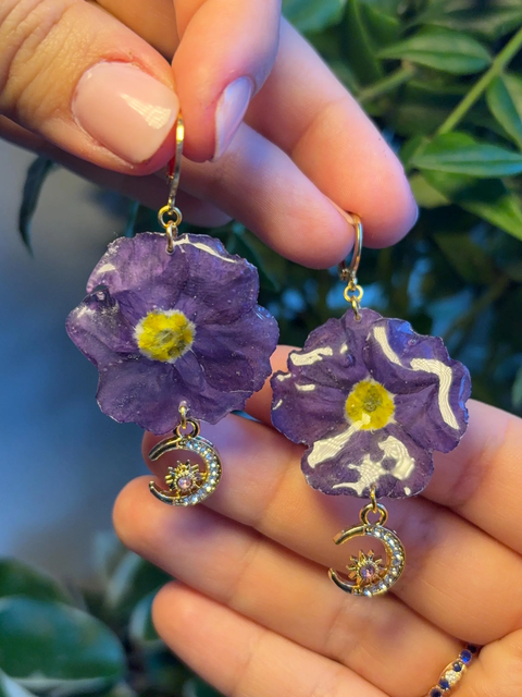 Dark Purple Primrose Earrings Stainless Steel Stars Moon