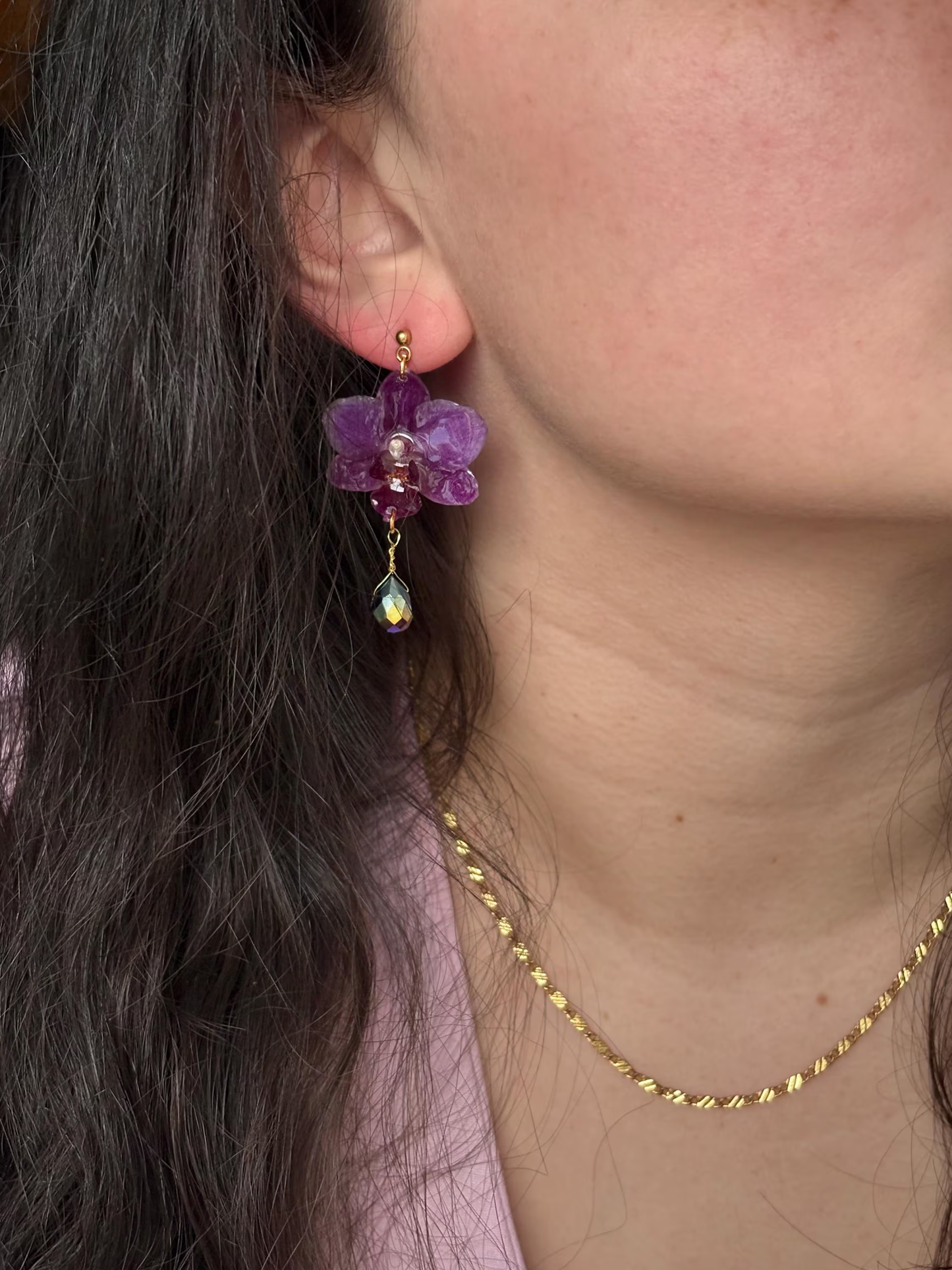 Mini Dark Purple Orchid Earrings Stainless Steel 14k Gold Filled