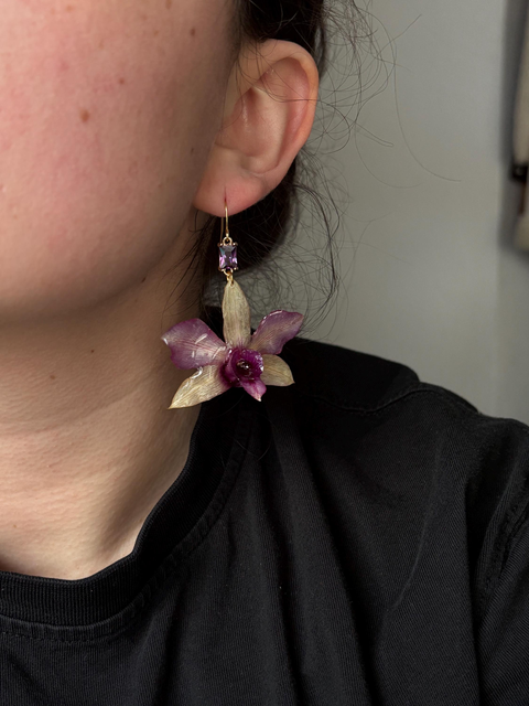 Pink Yellow Dendrobium Orchid Earrings 18k Gold