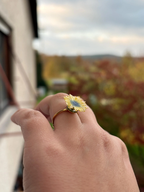 Yellow Mini Chrysanthemums Stainless Steel Ring Adjustable