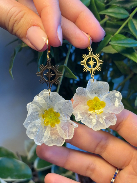 Dark Purple Primrose Earrings Stainless Steel Stars Moon