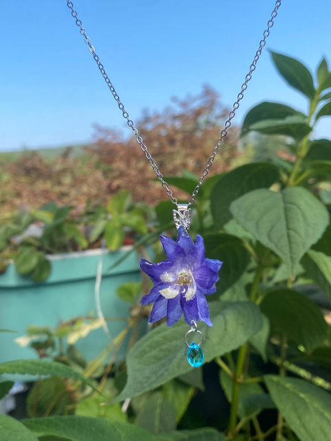 Purple Blue Larkspur Delphinium Necklace Stainless Steel