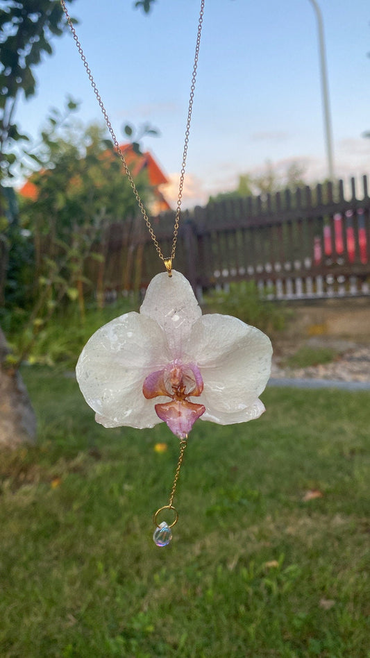 White Pink Orchid Necklace with Gold Plated Stainless Steel Elements