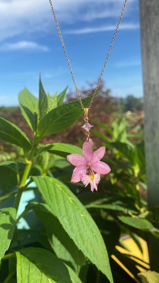 Pink Epidendrum Nordic Fire Orchid Necklace Stainless Steel Chain