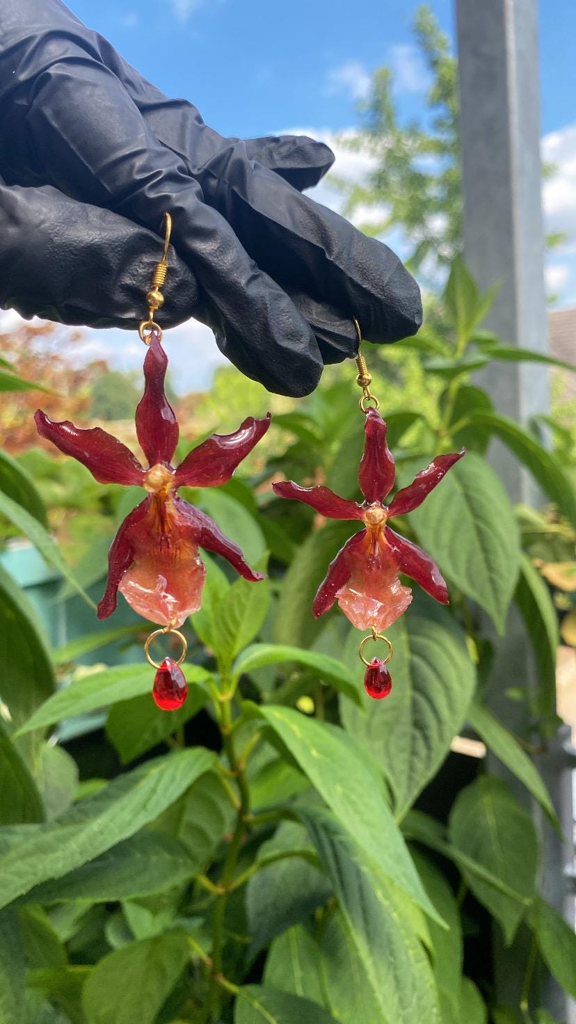 Red Orange Oncidium Orchid Earrings 18k Gold