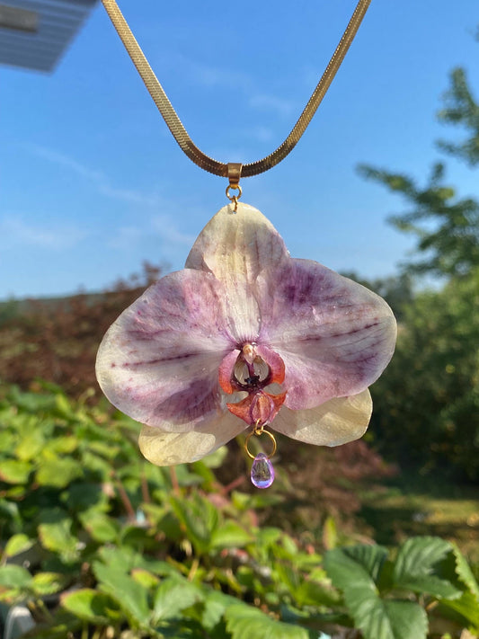 Yellow Purple Orchid Necklace Stainless Steel Chain Snake Chain