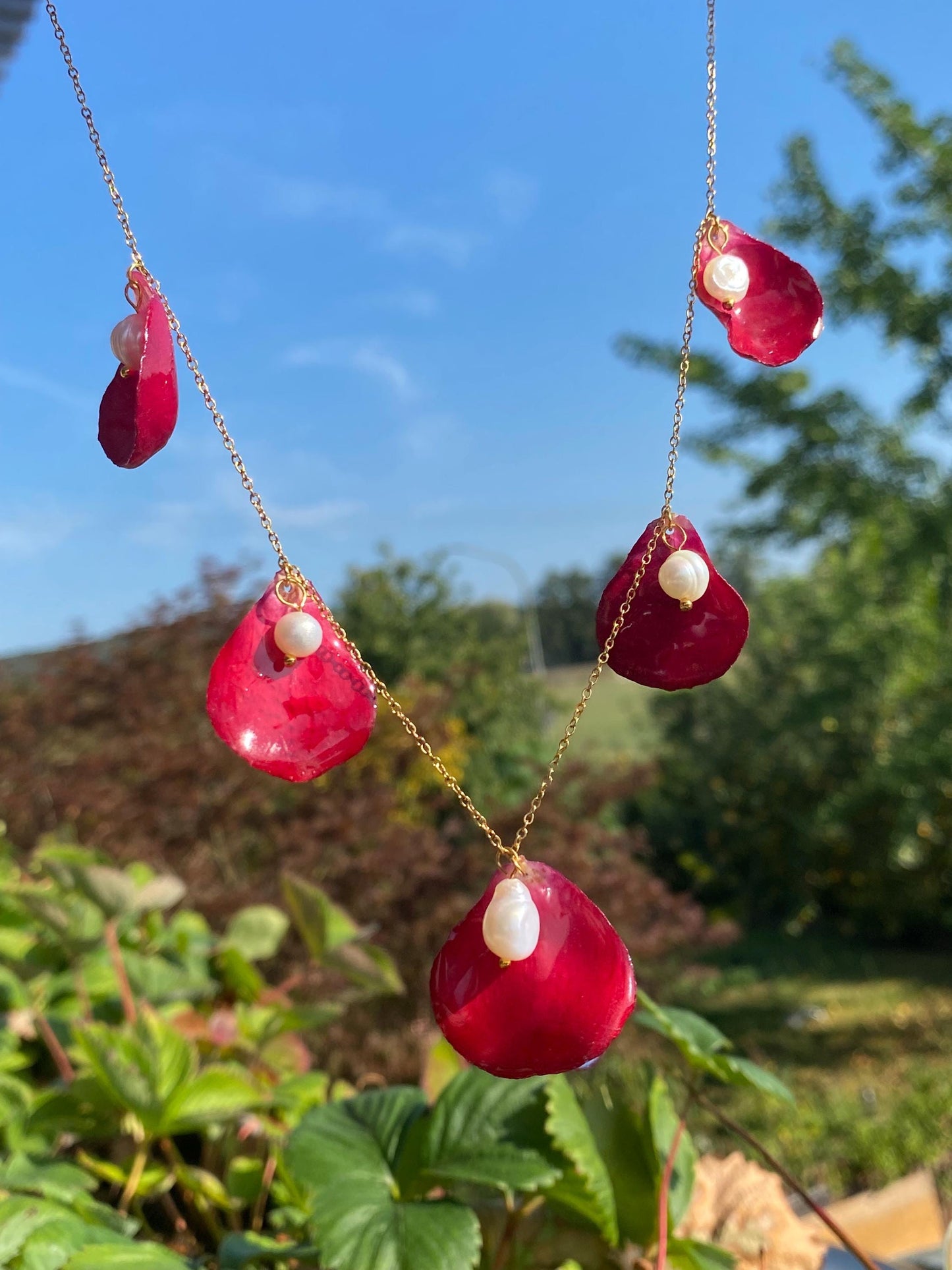 Rote Rosenblüten Halskette Edelstahl Echte Süßwasserperlen