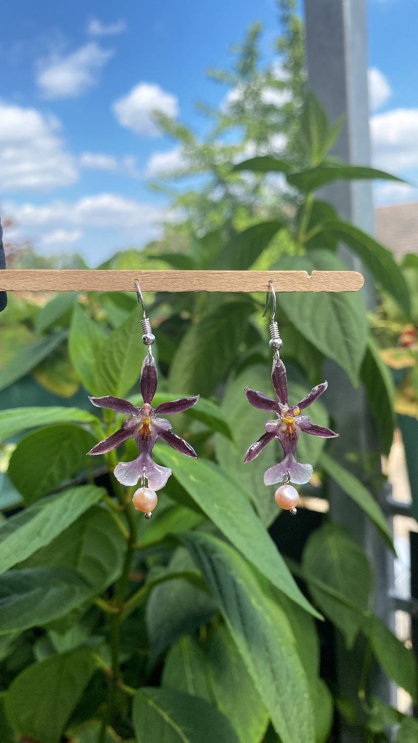 Mini Purple Oncidium Orchid Earrings with Real Freshwater Pearl Glass Stone 925 Silver