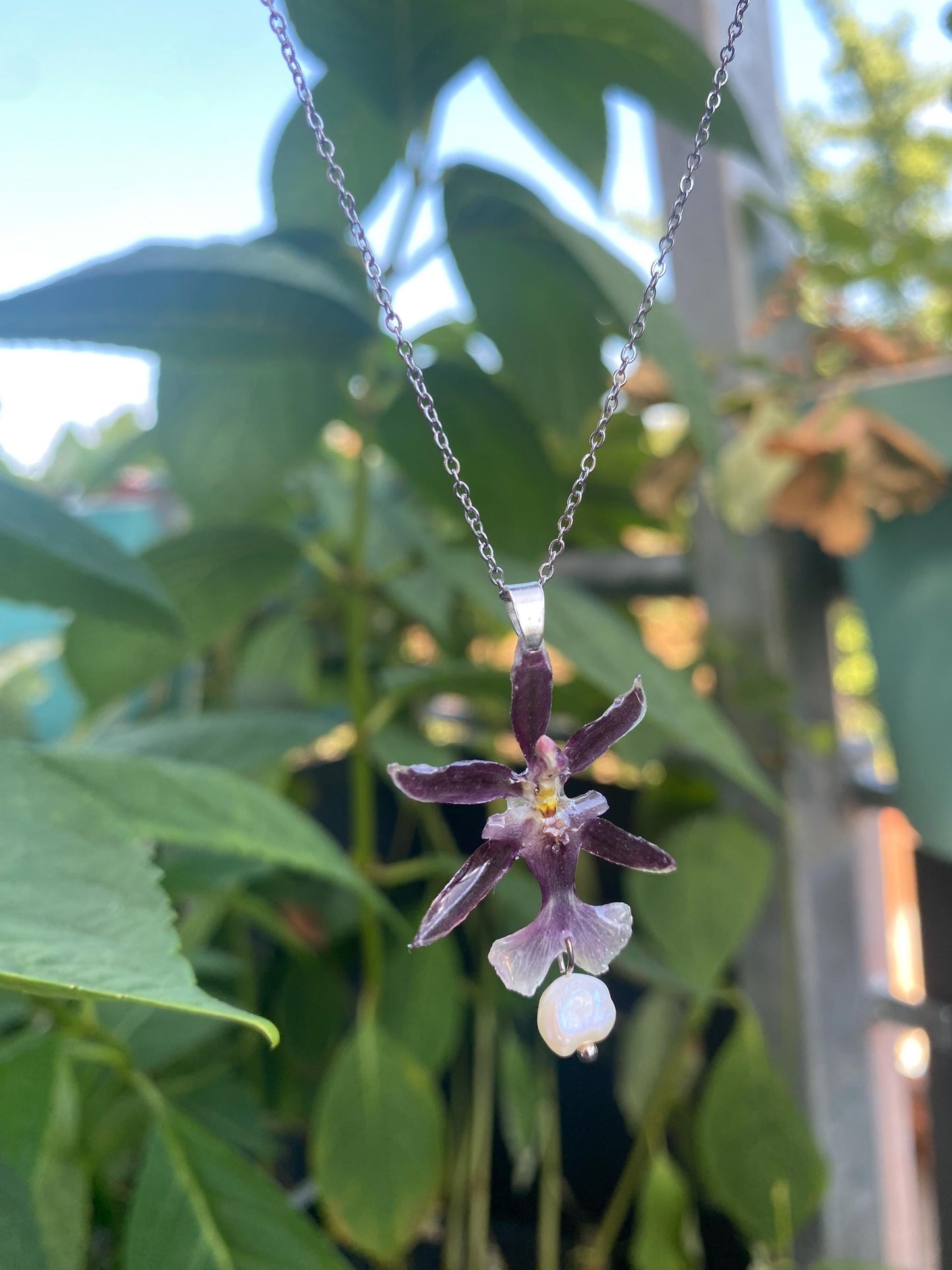 Mini Purple Oncidium Orchid Necklace with Real Freshwater Pearl Glass Stone