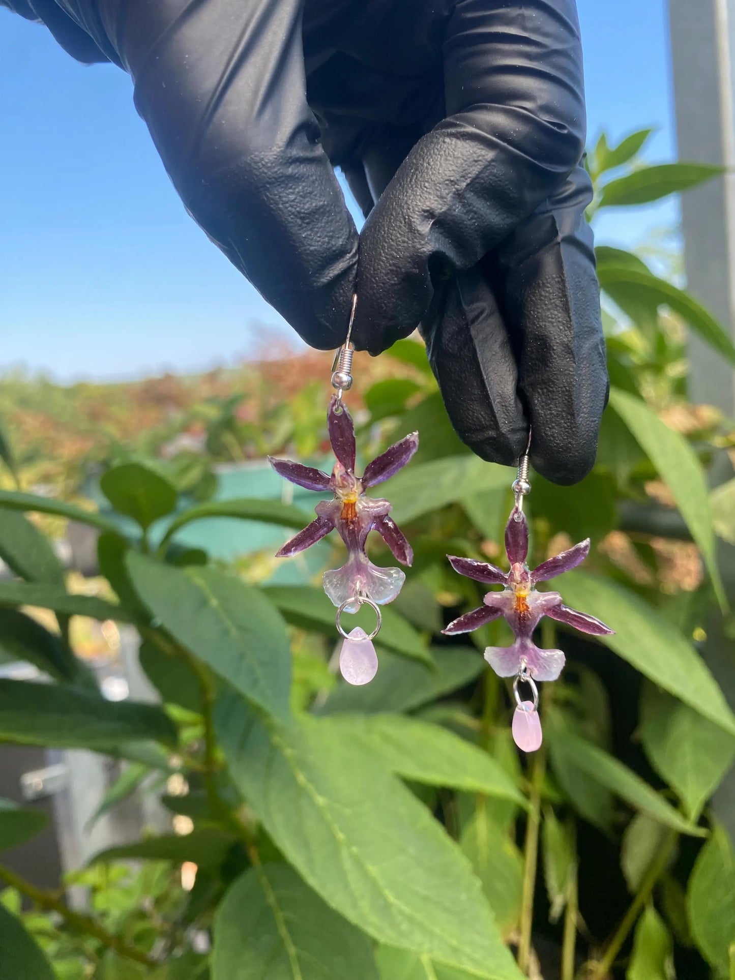 Mini Purple Oncidium Orchid Earrings with Real Freshwater Pearl Glass Stone 925 Silver