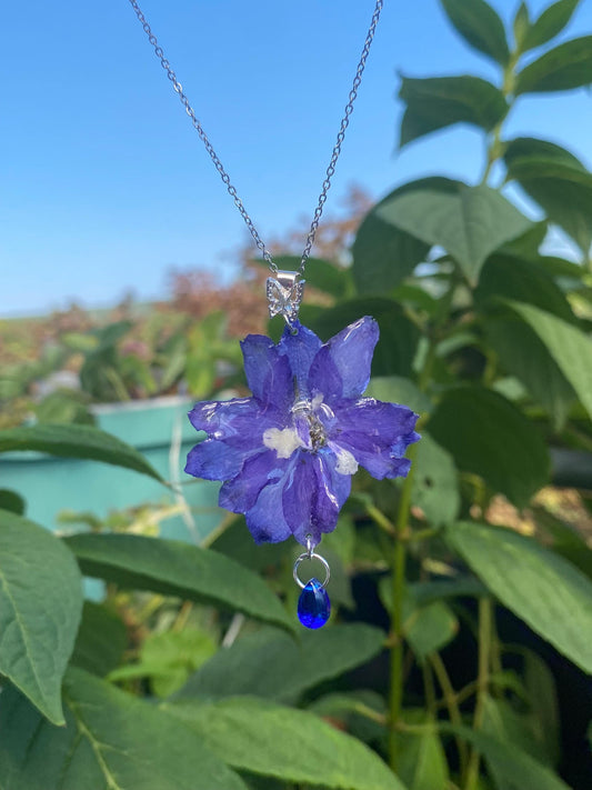 Purple Blue Larkspur Delphinium Necklace Stainless Steel