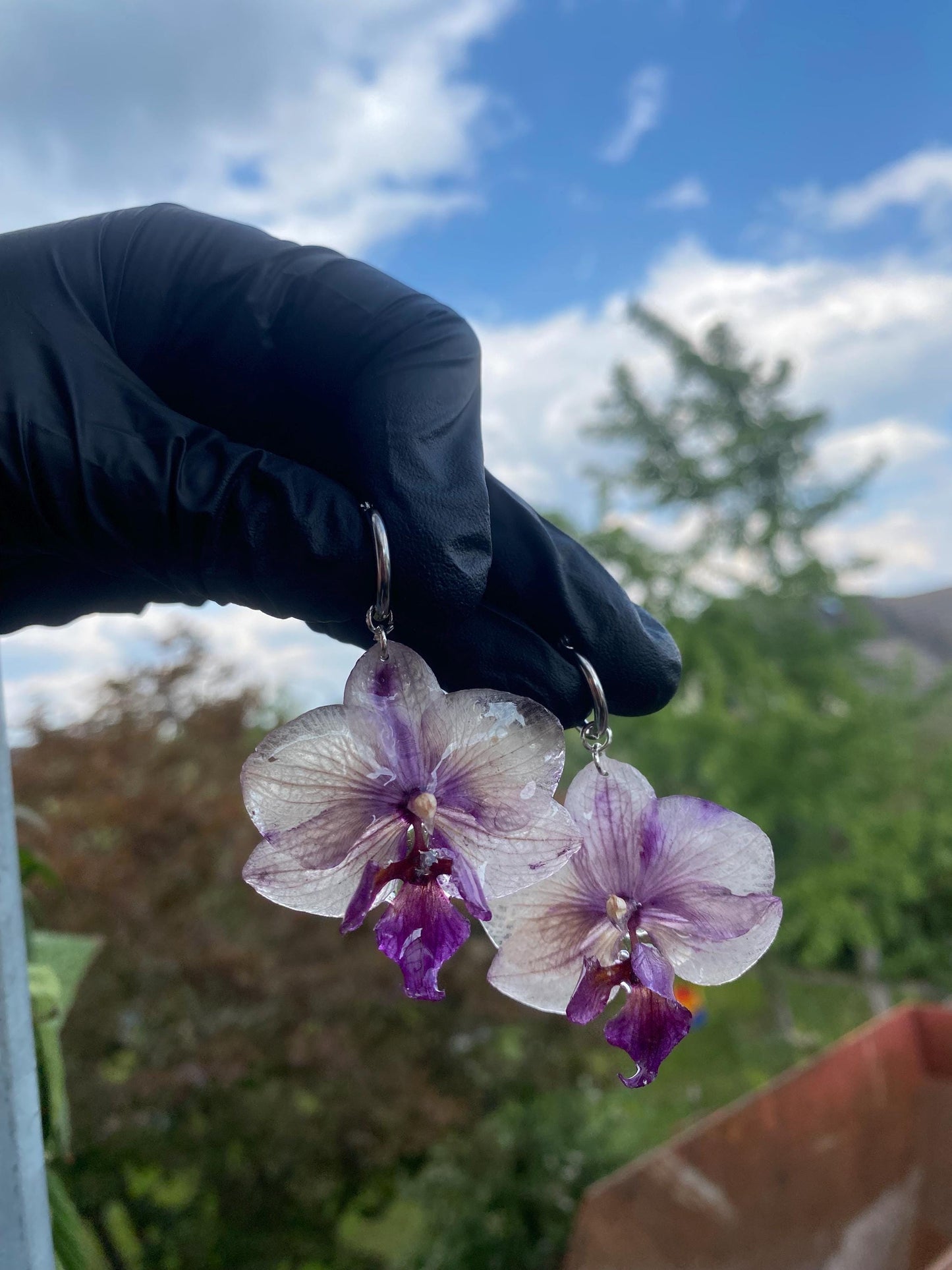 Small Transparent White Purple Orchid Earrings