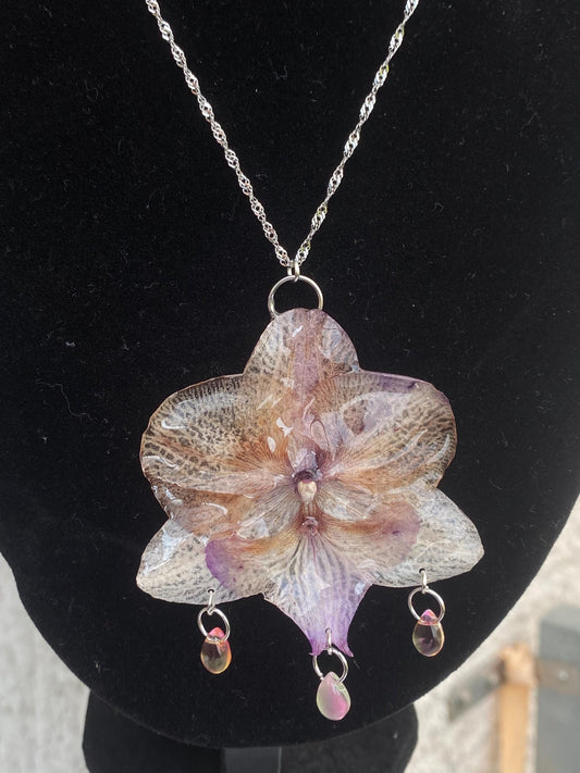 Semi Transparent Purple White Orchid Necklace Stainless Steel