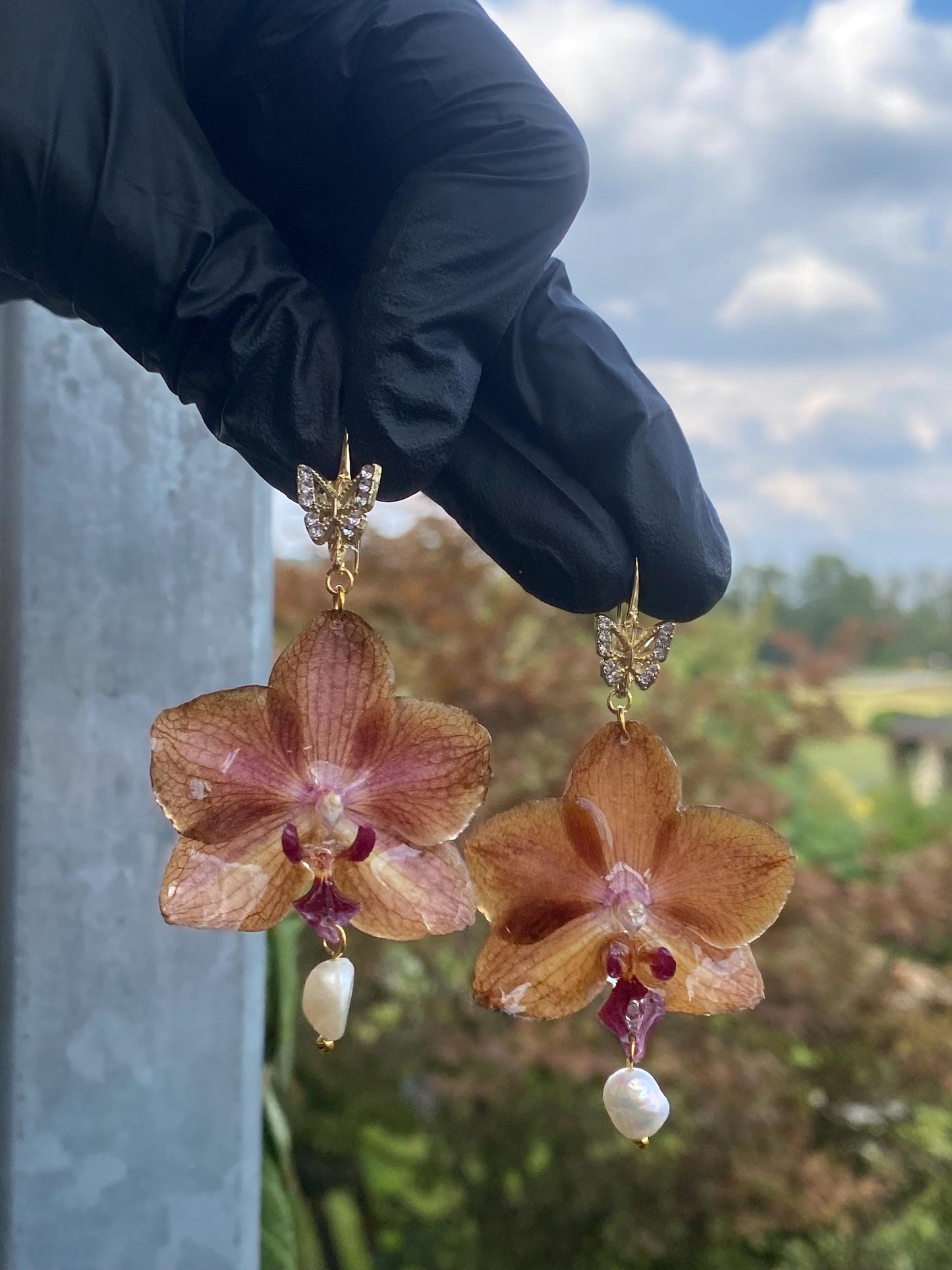 Small Yellow Orange Orchid Earrings 18k Real Freshwater Pearl Butterfly