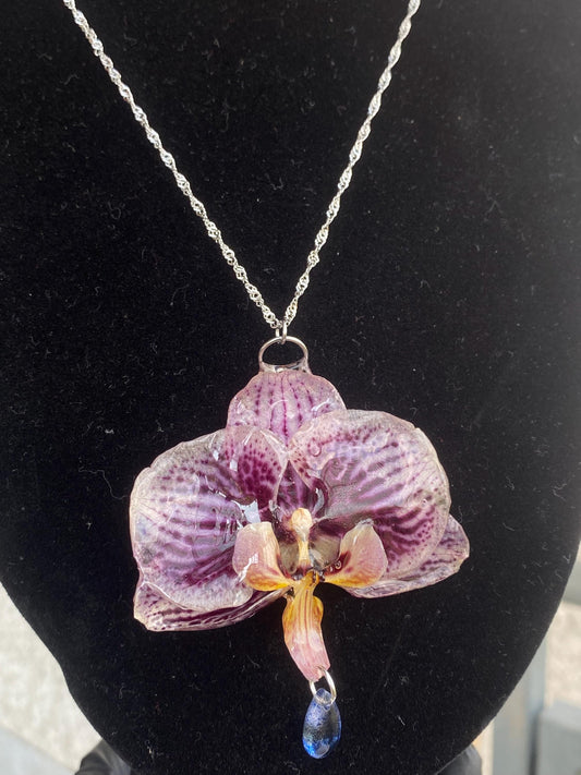 Dark Purple Purple White Striped Orchid Necklace Stainless Steel