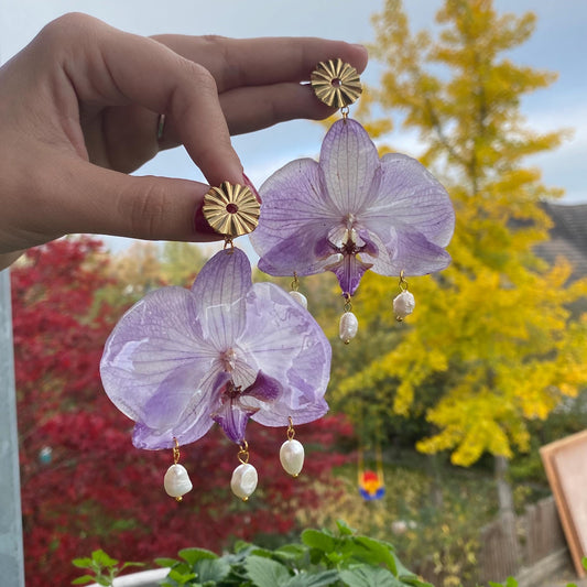 Helllila Lila Gestreifte Orchideen Ohrringe Ohrstecker Edelstahl Süßwasserperle