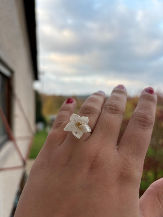 Weißer Jasmin-Nachtschatten Edelstahl Ring Verstellbar