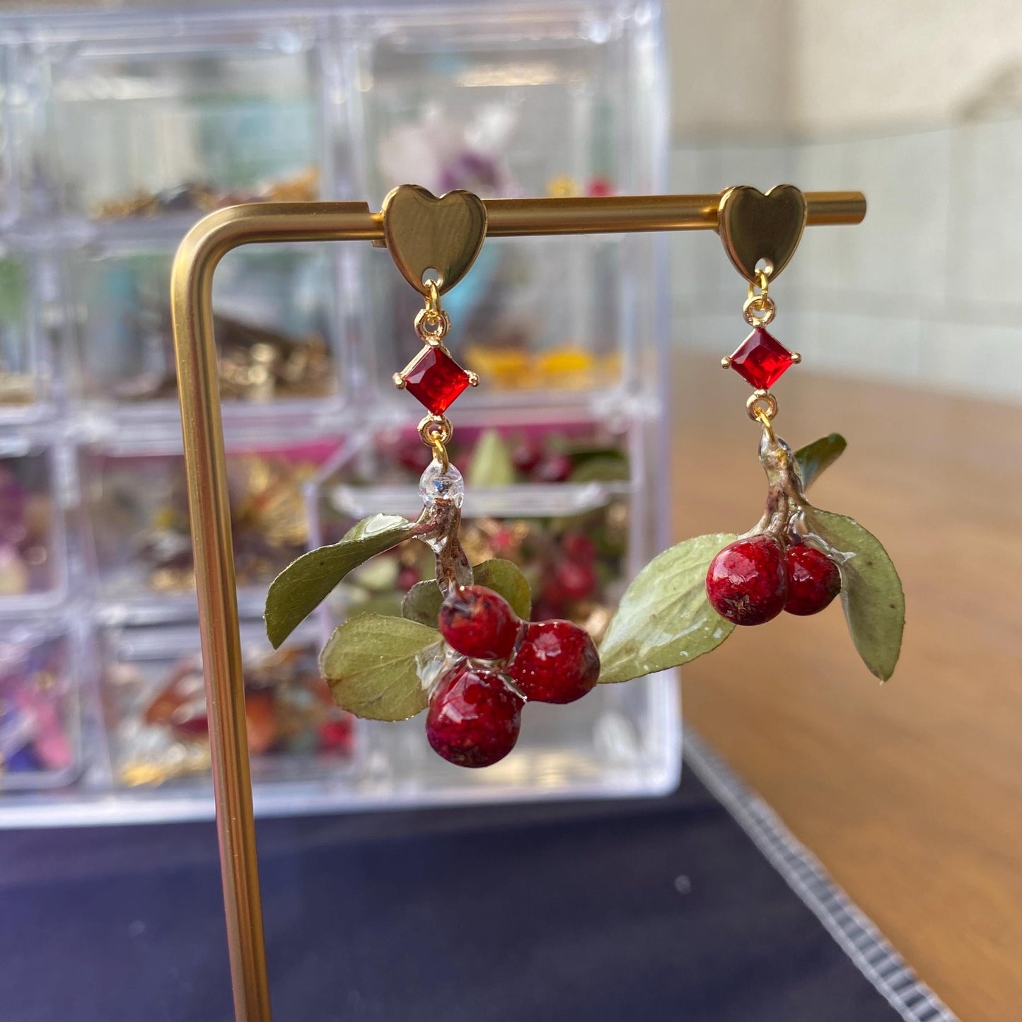 Red Cotoneaster Earrings Studs Stainless Steel Christmas Holiday