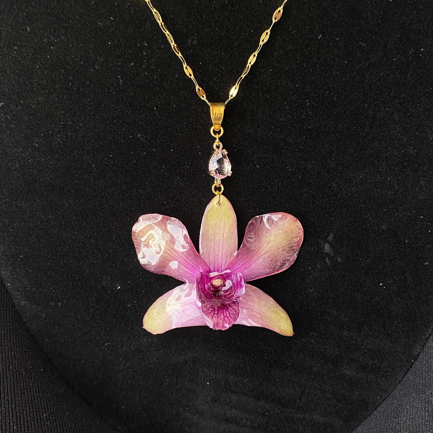 Pink Yellow Dendrobium Orchid Necklace Stainless Steel