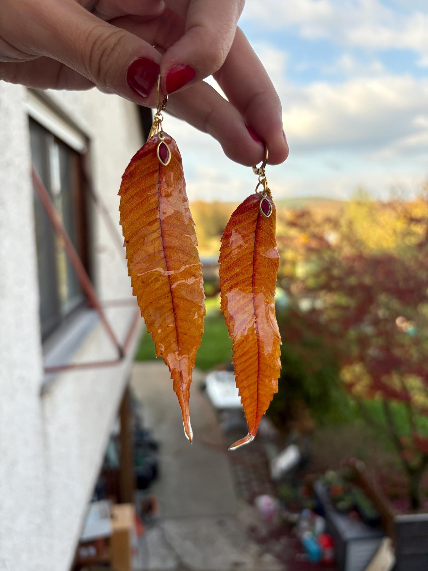 Red Orange Yellow Sumac Leaves Earrings Stainless Steel Autumn