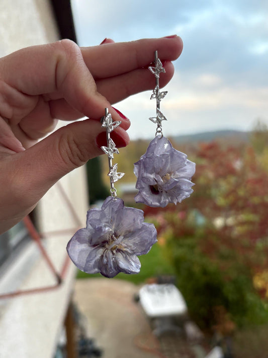 Syrian Blue Purple Hibiscus Earrings Studs Stainless Steel Butterfly Fairy Tale