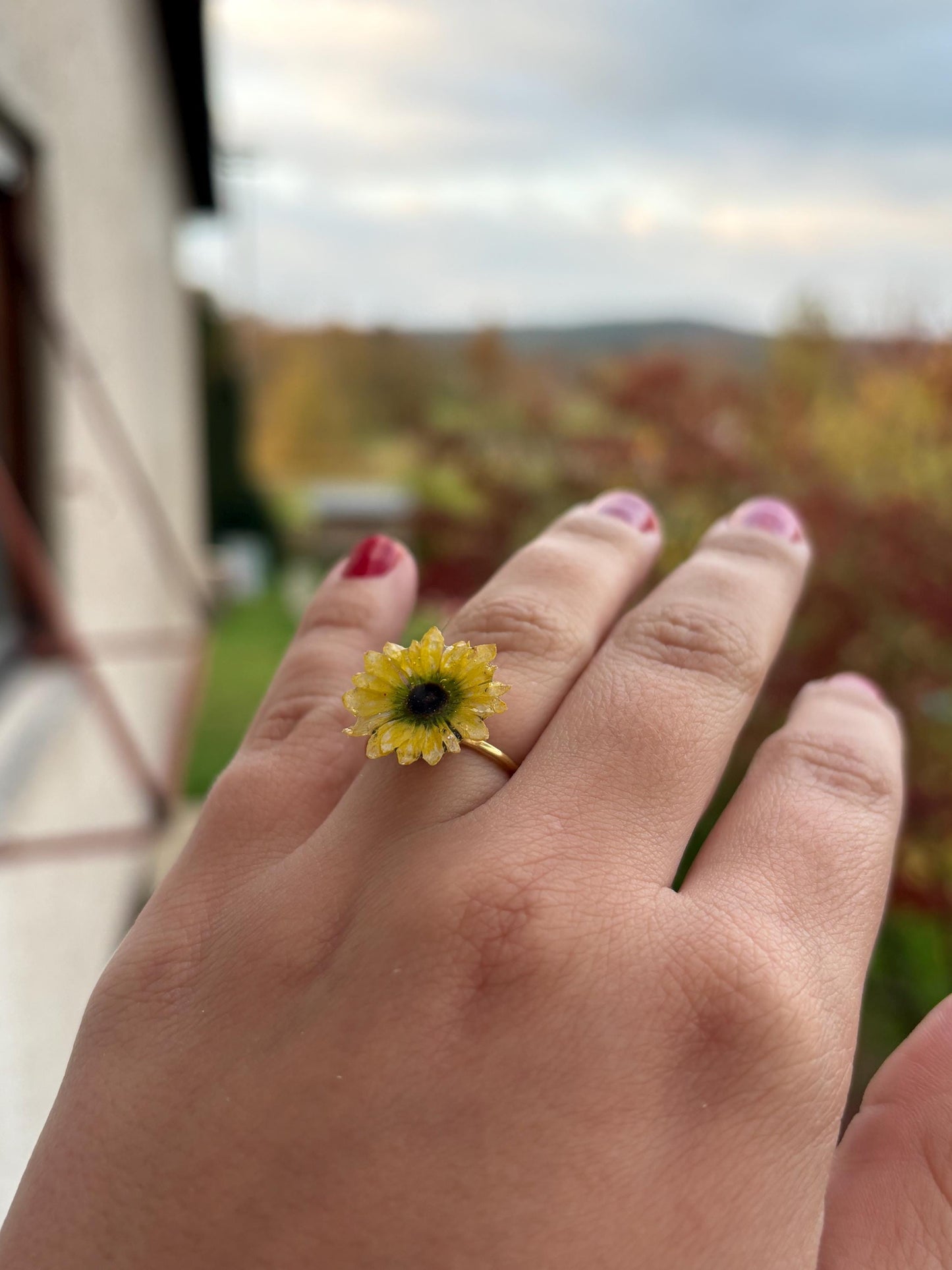 Gelbe Mini Chrysanthemen Edelstahl Ring Verstellbar