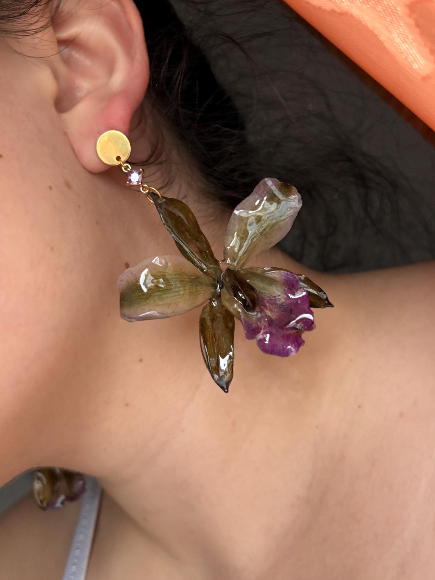 Dark Green Green Purple Cattleya Orchid Earrings Studs