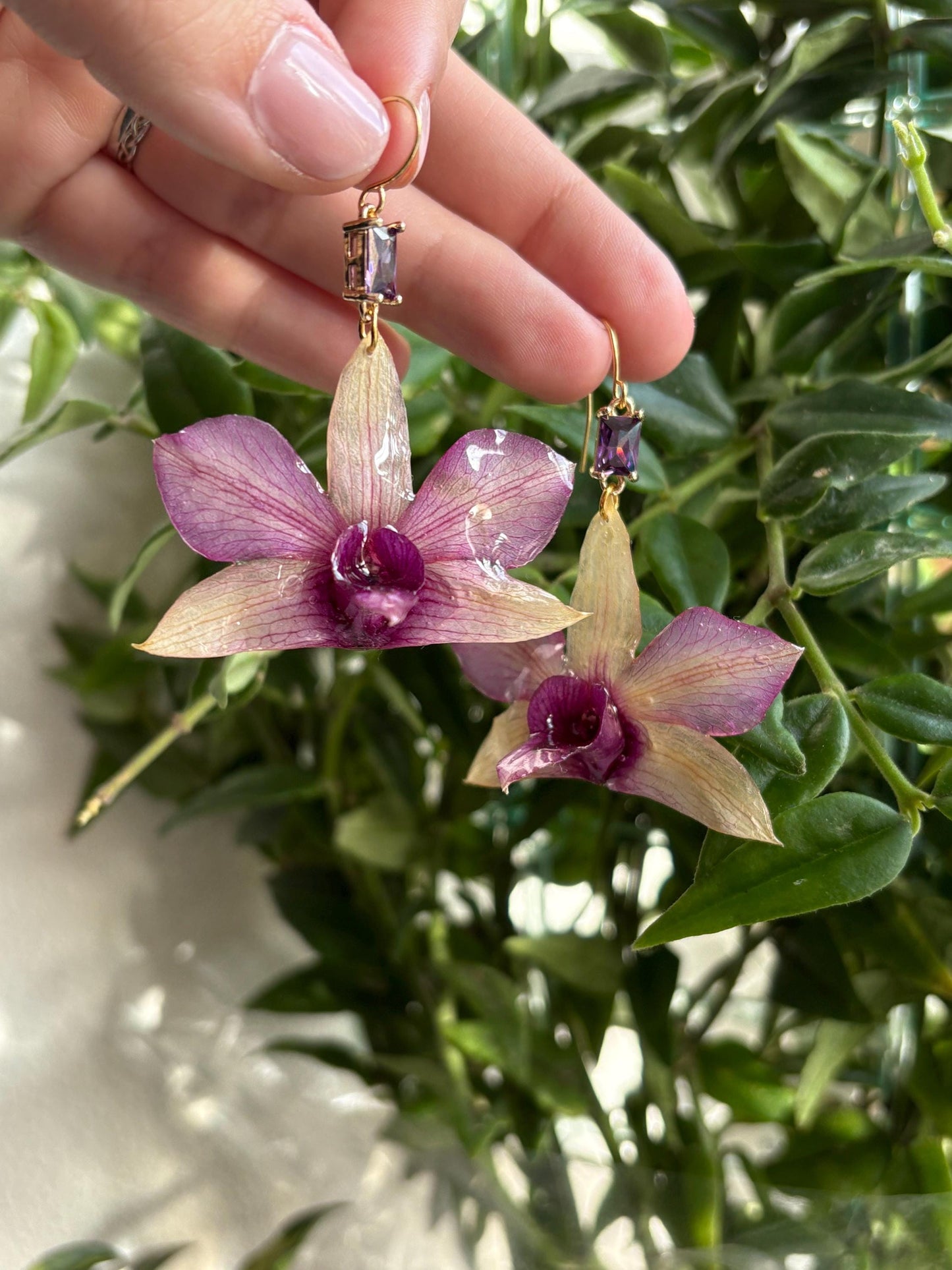 Pink Yellow Dendrobium Orchid Earrings 18k Gold