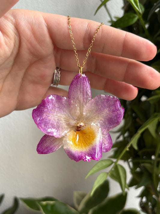 Transparent Yellow Pink Dendrobium Nobile Orchid Necklace Stainless Steel