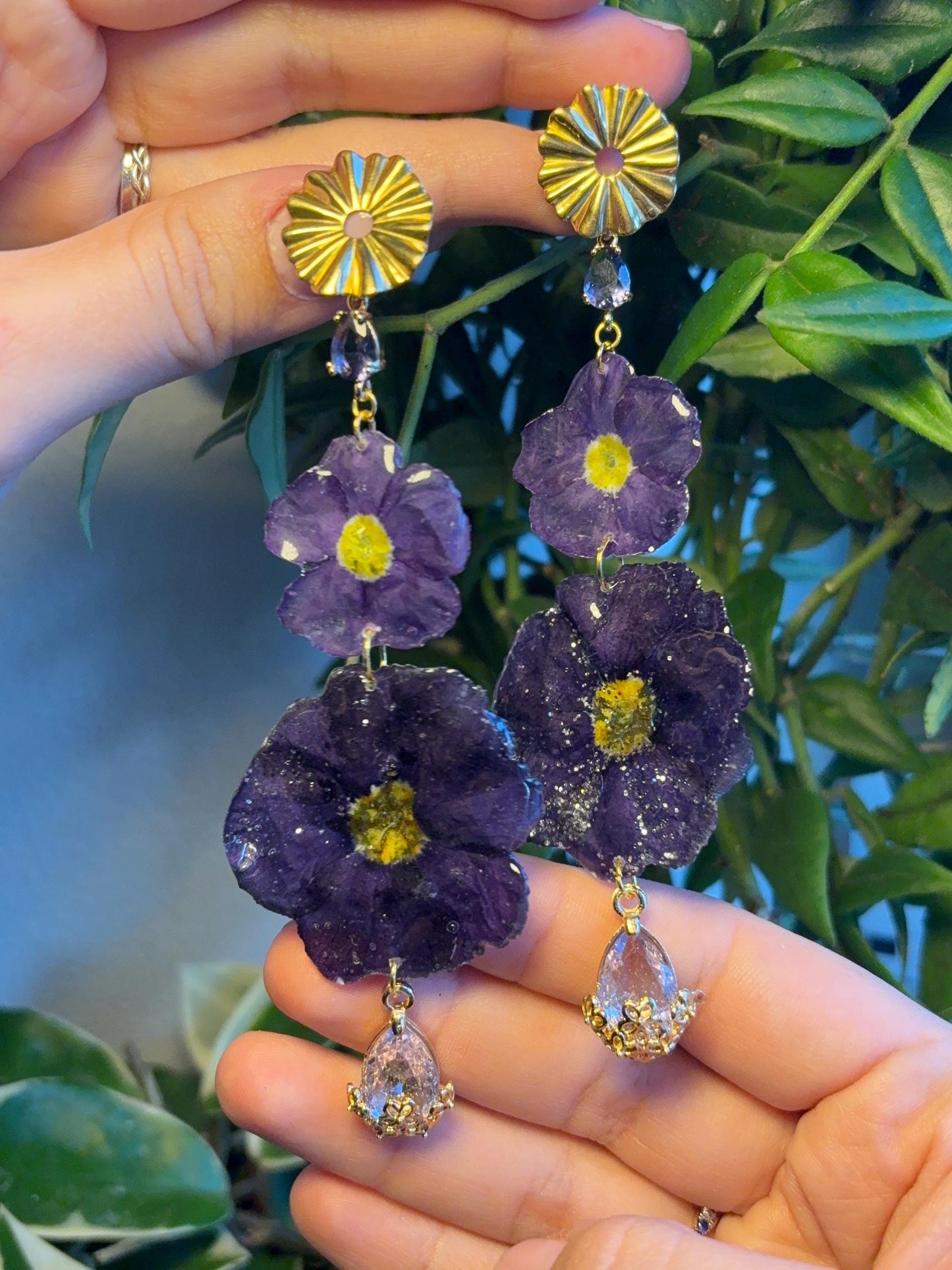 Dark Purple Primrose Earrings Stainless Steel Stars Moon