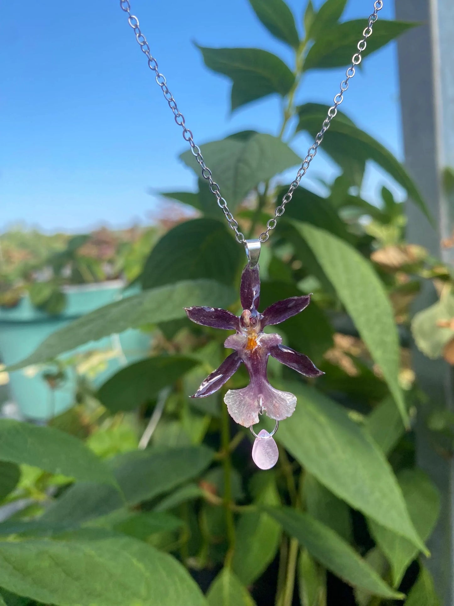 Mini Purple Oncidium Orchid Necklace with Real Freshwater Pearl Glass Stone